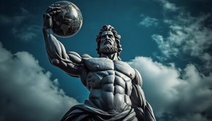 Atlas. Statue of Greek god supporting the weight of the world. Atlas statue with blue sky - obrazy, fototapety, plakaty