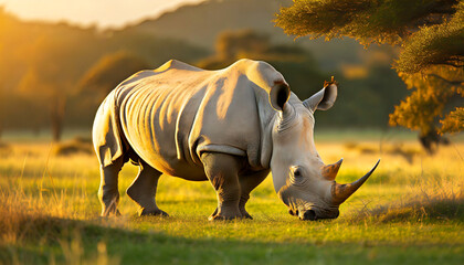 Fototapeta premium Beautiful large white or grey rhino on a Green Pasture in the Savannah at sunset or sunrise.