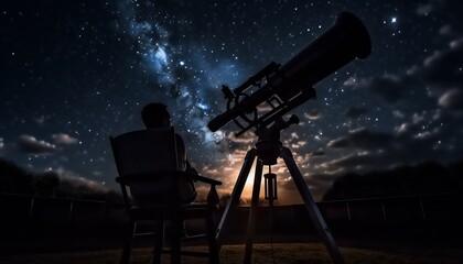 Man sitting outside and looking through a big telescope at the night sky full of stars. - obrazy, fototapety, plakaty