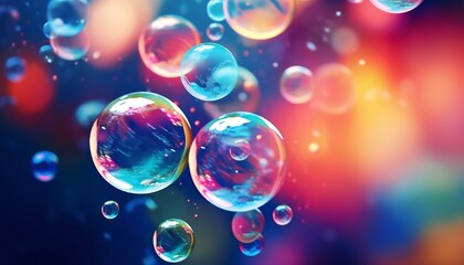 colorful soap bubbles floating in the air. flying bubbles on a colorful background