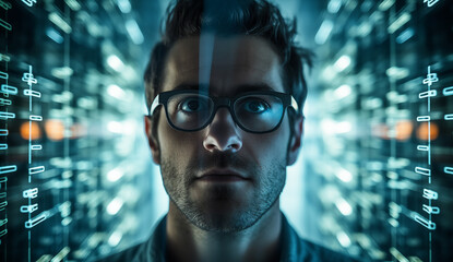 Smart busy young business man software developer engineer programmer wearing eyeglasses looking at computer. Coder working with ai software development solutions. Code glasses reflections. Copy space.