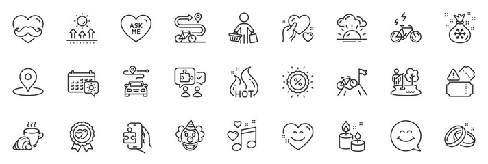 Icons pack as Buyer, Puzzle game and E-bike line icons for app include Father day, Smile chat, Fishing place outline thin icon web set. Clown, Aroma candle, Love music pictogram. Vector