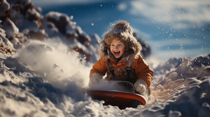 Happy kid sledding outdoor at winter day - obrazy, fototapety, plakaty