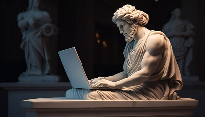 Statue man working with laptop isolated on black background