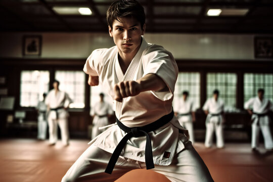 karate asian martial art training in a dojo hall. young man wearing white kimono and black belt