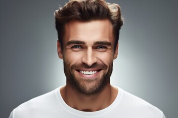 Obraz premium Smiling man studio portrait isolated on grey background. dental service advertisement.