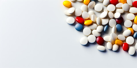 top view of Lot of colorful pills lying on table close up white background. Pharmaceutical industry