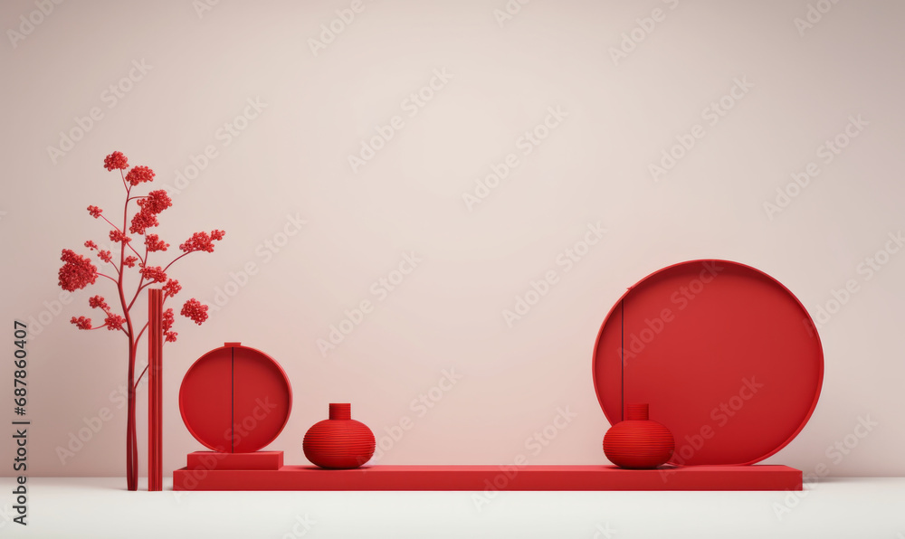 Poster an empty oriental style product display podium. asian empty mock up scene template