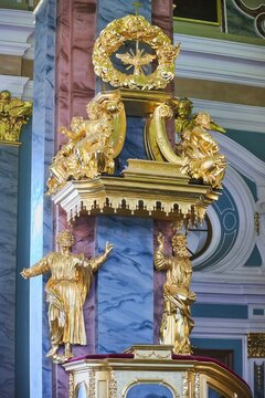 St. Petersburg, Russia - May 25, 2021: Peter and Paul Cathedral. The interior of the temple with a rich interior and decor. Architecture Details