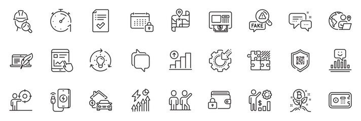 Icons pack as Safe box, Timer and Copyright laptop line icons for app include Employees wealth, Qr code, Inspect outline thin icon web set. Lock, Bitcoin project, Messenger pictogram. Vector