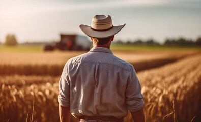 Farmer is wearing a hat in a wheat field, back view. person in the field, a man in the farmhouse - obrazy, fototapety, plakaty
