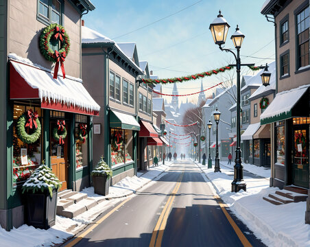 street of a small town in a festive Christmas atmosphere. AI Generated