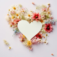 Obraz na płótnie Canvas Heart-shaped paper card with natural spring wildflowers