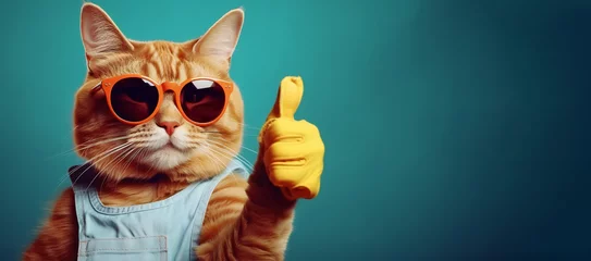 Tuinposter red cat wearing glasses and overalls shows thumbs up on a blue background. copy space © kilimanjaro 