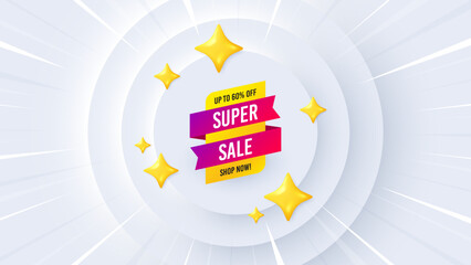 Super sale banner. Neumorphic offer 3d banner, coupon. Discount sticker shape. Coupon tag icon. Super sale promo event background. Sunburst banner, flyer or poster. Vector - obrazy, fototapety, plakaty