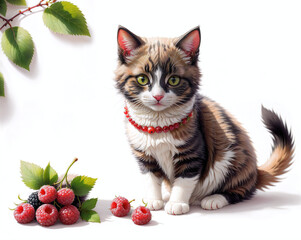 Cute cat among the berries. AI Generated