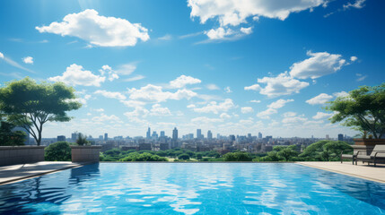 Skyline reflected in the serene waters of a rooftop infinity pool. Luxury travel concept. Generative AI
