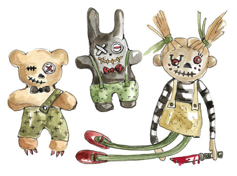 Creepy dolls. A gray plush rabbit with a button instead of an eye and a bear with its mouth sewn shut, a doll in a striped sweater and with a knife in his hand. Hand drawn watercolor illustration
