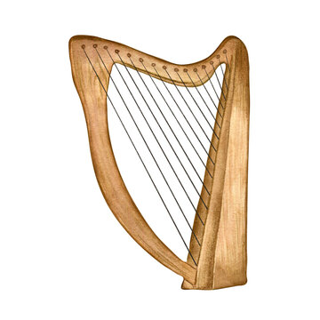 Harp string musical instrument watercolor illustration isolated. Harp symbol of Ireland hand drawn. Element for design St. Patrick days, music element. 