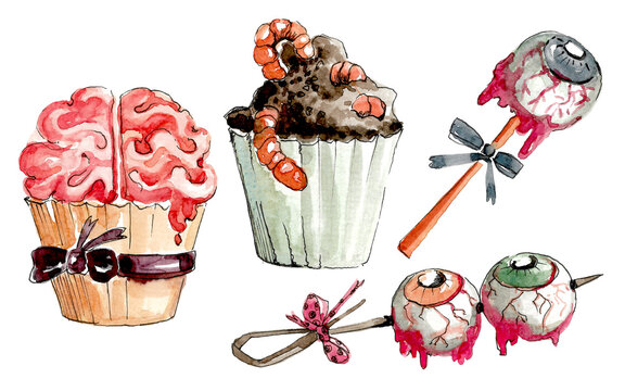 Scary food. A set of cupcakes in the form of earth with worms and brains in cups with bows, an eye candy with streaks of blood and a kebab of two eyeballs. Handmade watercolor painting