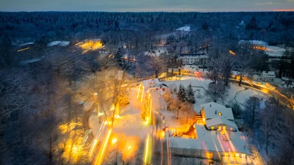 Foto auf Alu-Dibond Winter Forest speed Aerial with lights , houses in Sachsenwald germany  © eachfilm