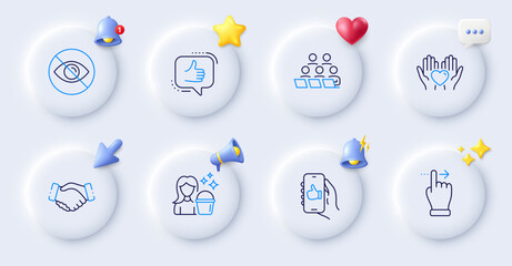 Like, Cleaning and Teamwork line icons. Buttons with 3d bell, chat speech, cursor. Pack of Not looking, Touchscreen gesture, Hold heart icon. Handshake, Like app pictogram. Vector