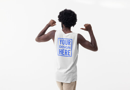 Mockup of man wearing customizable vest in studio, rea view