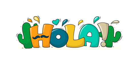 Spanish word hello with happy little people. © sapunkele
