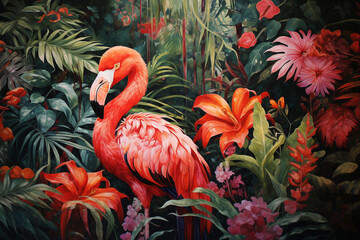 Vibrant Wilderness: Flamingo in a Jungle Paradise Captured in Summer Painting