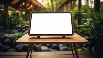 Fototapeta premium Modern electronic signboard with a blank screen in a tranquil greenhouse setting. Technology and nature concept. Generative AI