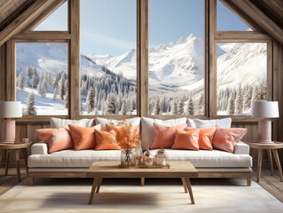 Rustic living room with large windows showcasing winter landscape, soft textures, and earth tones....