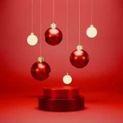red christmas balls 
with podium , 3d render