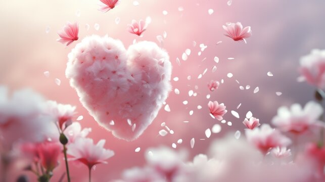 A heart shaped cloud floating over a field of pink flowers