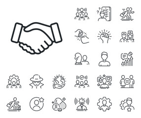 Hand gesture sign. Specialist, doctor and job competition outline icons. Handshake line icon. Business deal palm symbol. Handshake line sign. Avatar placeholder, spy headshot icon. Vector - obrazy, fototapety, plakaty