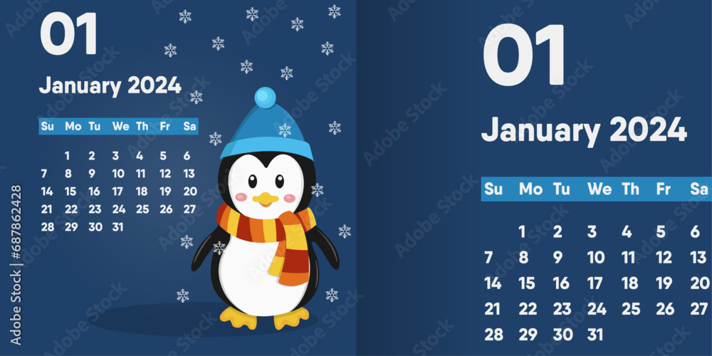 Poster vector penguin with a scarf and a hat. calendar for january 2024 with penguin and snowflakes.