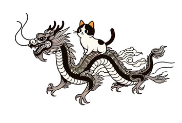 Obraz premium 龍と共に駆け昇る三毛猫（年賀状素材）
