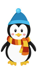 Vector penguin with a scarf and a hat. Isolated funny penguin.
