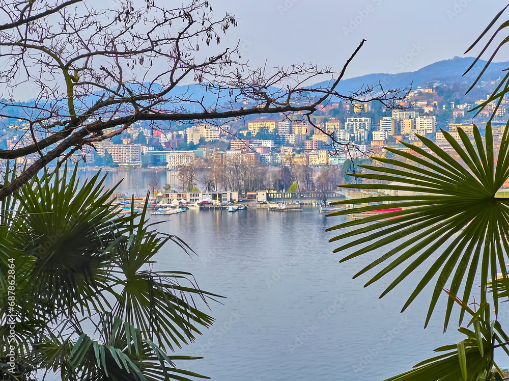 Wall mural Lake Lugano from forest on Monte Bre slope, Ticino, Switzerland