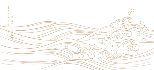 Japanese background with hand drawn wave elements vector. Gold line pattern with ocean object in vintage style.	