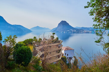 The roof garden against Monte San Salvatore and Lake Lugano, Ticino, Switzerland
