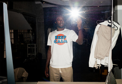 Mockup of man wearing customizable t-shirt taking photo with flash