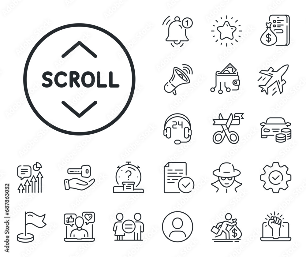 Poster scrolling screen sign. salaryman, gender equality and alert bell outline icons. scroll down button l