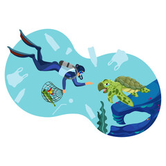 A set of illustrations on the topic of ocean pollution with plastic and other waste. Stop ocean pollution. Sea turtle and waste. A diver removes debris underwater.