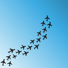 Illustration depicting a blue sky and many black planes drawn with a brush