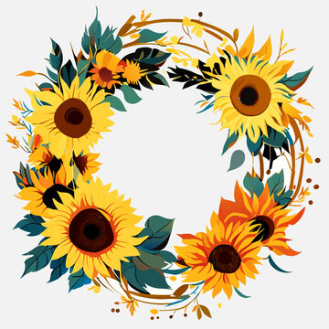 Floral wreath with sunflowers and leaves. Vector illustration.