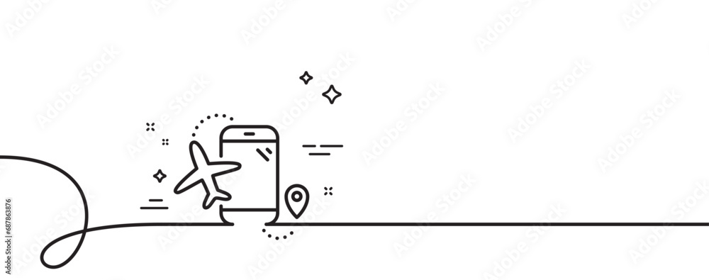 Poster flights application line icon. continuous one line with curl. airplane phone app sign. airport infor