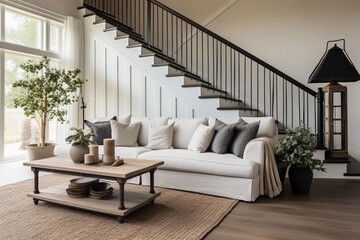 farmhouse, staircase in living room