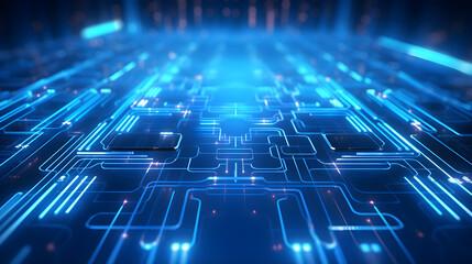 Data analysis from microchip, numeral, blue neon.