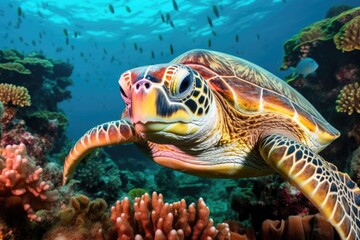 Naklejka na ściany i meble Sea turtle among corals on a reef, Indonesia.