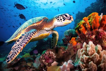 Obraz premium Sea turtle among corals on a reef, Indonesia.